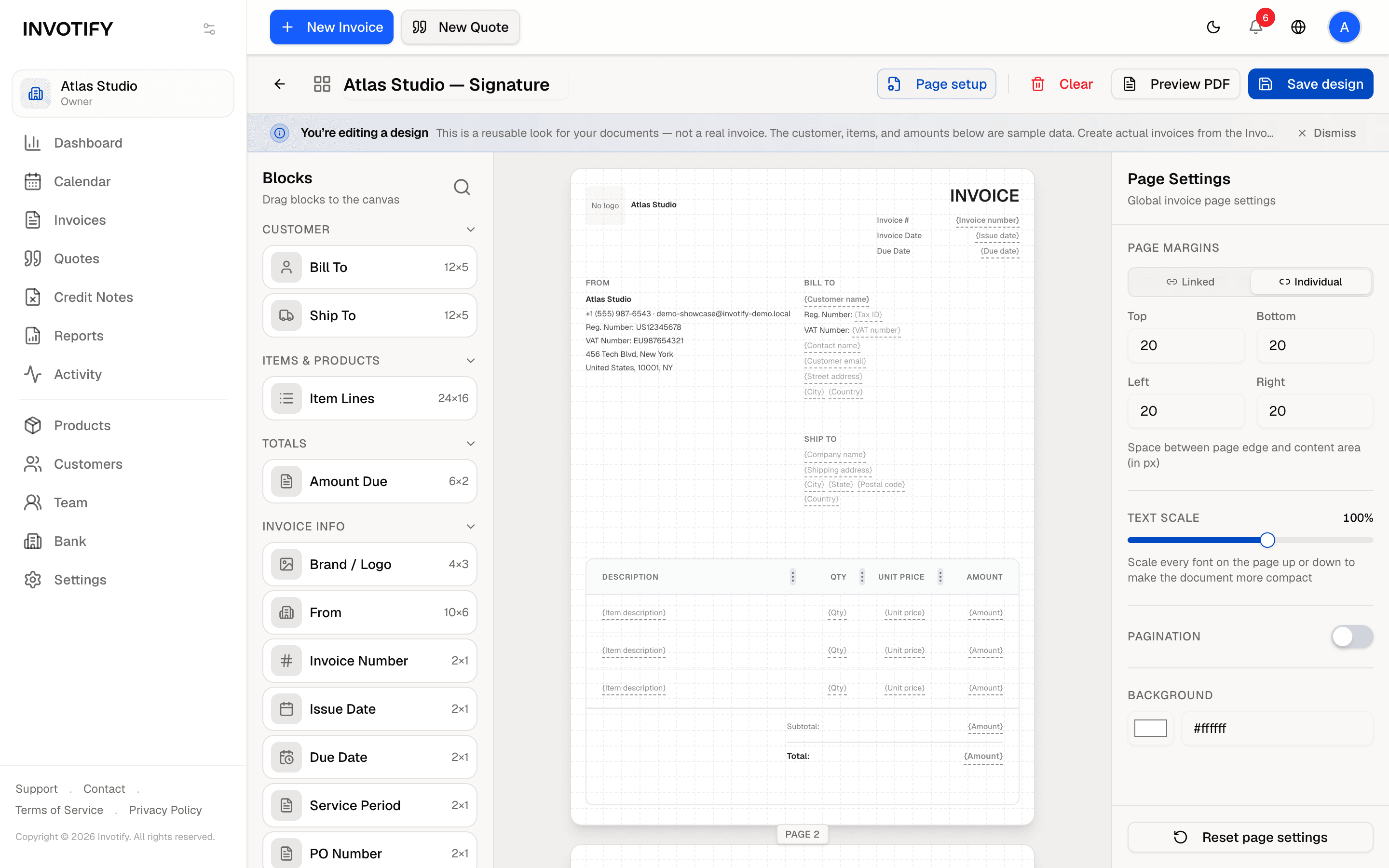 The Invotify template builder: a block palette, an A4 invoice canvas, and a page settings panel
