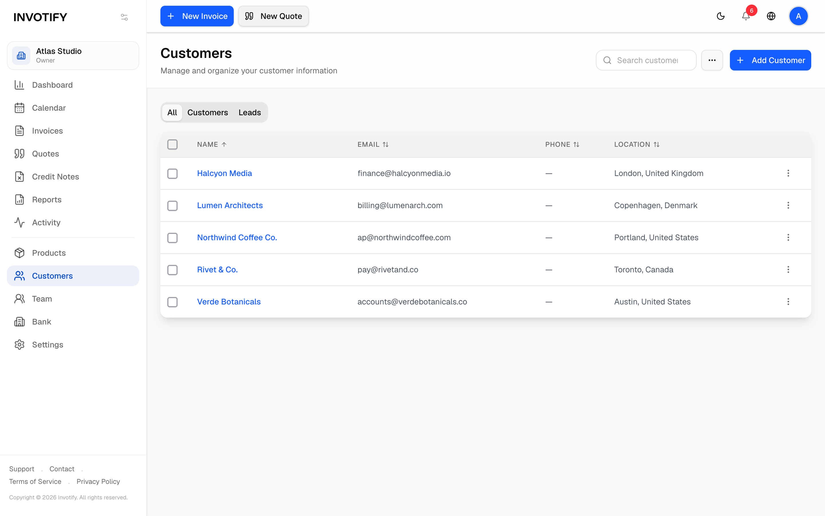 The Invotify customers list with client names, emails and locations
