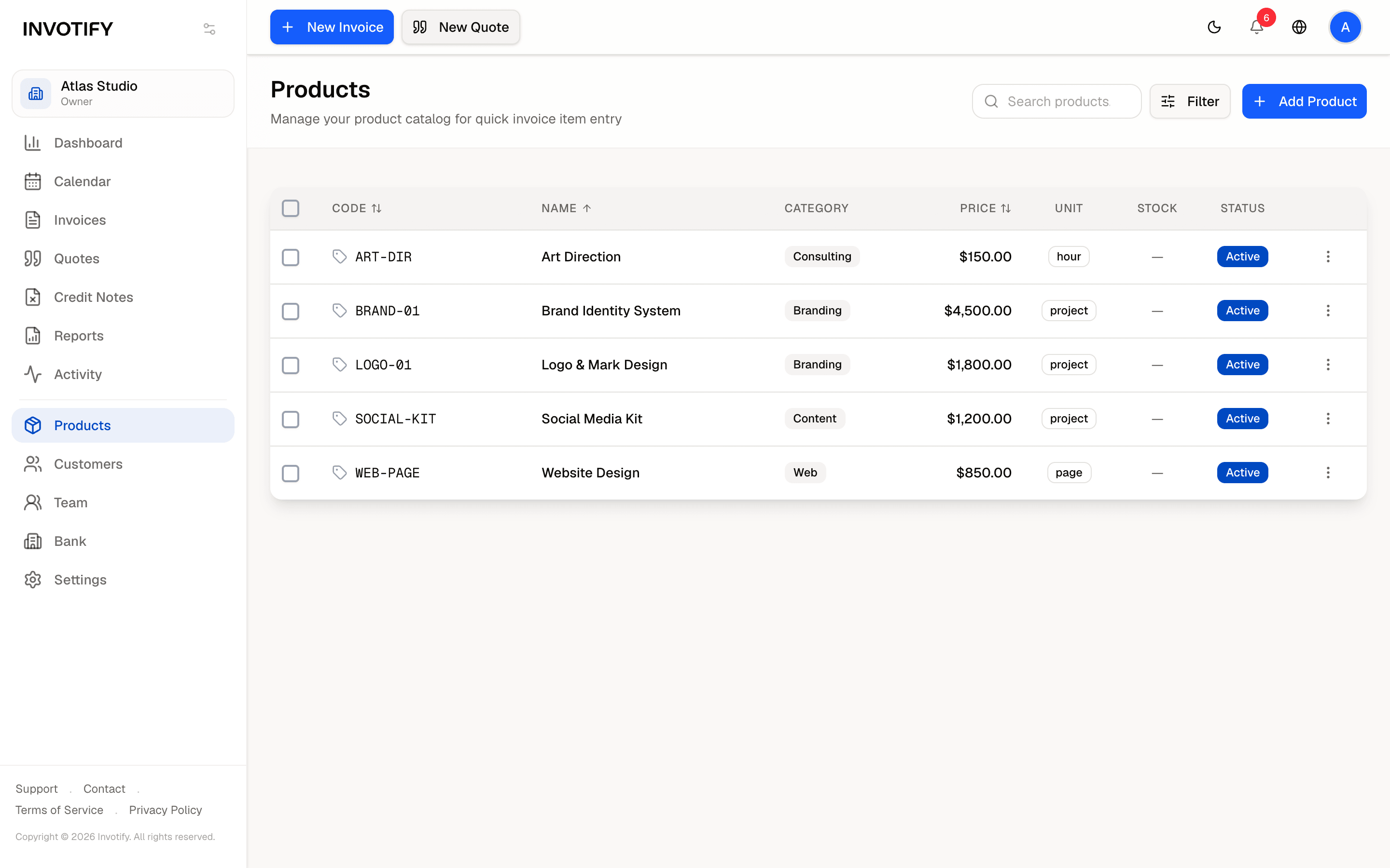 The Invotify product catalog with codes, prices and units